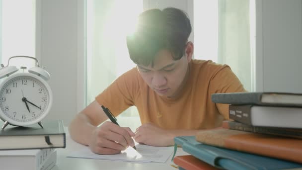 Asian Student Man Have Anxiety Because Exams Male Prepare Test — Stock Video