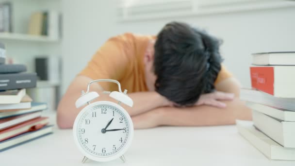 Alarm Clock Can Wake Asian Student Man Tired Reading Male — Vídeos de Stock