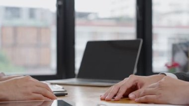 Executives are shaking hand after results success to target. financial data analysis and market growth report chart. Planning Strategies, startup project, profitable strategy, Business meeting
