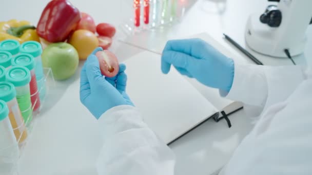 Scientist Check Chemical Fruit Residues Laboratory Control Experts Inspect Concentration — Video Stock