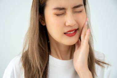 Asian woman feel toothache from gingivitis, female suffer tooth, decay problems, dental care. sensitive tooth, decay problem, bad breath, Gingival Recession, Oral Hygiene instruction, tooth extraction