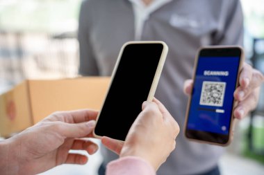 Happy smile Asian woman scan QR code for pay of food. Delivery man send deliver express. online shop, paper container, takeaway, postman, delivery service, packages, electronic money, Digital transfe