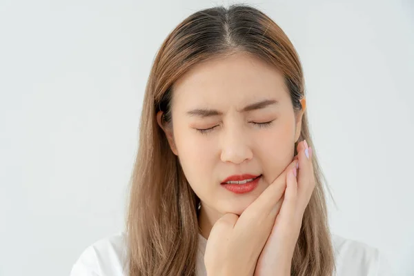 stock image Asian woman feel toothache from gingivitis, female suffer tooth, decay problems, dental care. sensitive tooth, decay problem, bad breath, Gingival Recession, Oral Hygiene instruction, tooth extraction