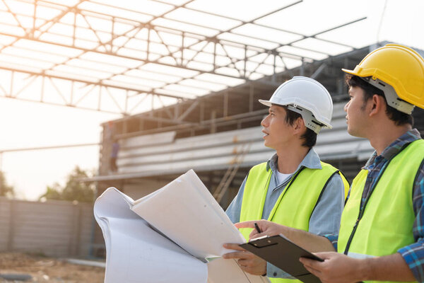 Engineers use blueprint check construction on site. Contractor and inspector inspection construction during project.civil Forman check quality assurance. Audit, inspect, quality control.