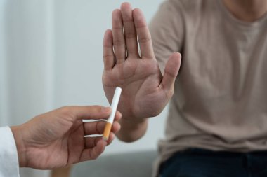No smoking. Man stop smoke, refuse, reject, break take cigarette, say no. quit smoking for health. world tobacco day. drugs, Lung Cancer, emphysema , Pulmonary disease, narcotic, nicotine effect