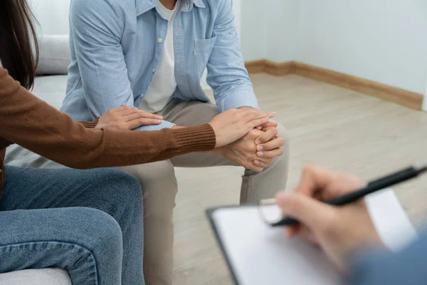 Couple Hold Hand Support Each While Discussing Family Issues Psychiatrist — Foto de Stock