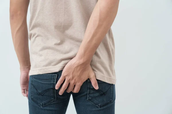 Bauch Und Hämorrhoiden Männliche Hand Hält Ihren Weil Sie Schmerzen — Stockfoto