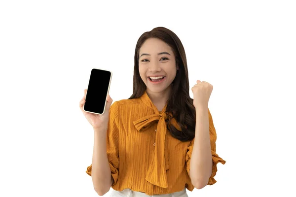 Mulher Feliz Retrato Sorrir Ásia Menina Usando Telefone Celular Freelance — Fotografia de Stock