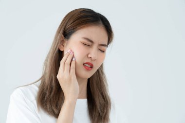 Asian woman feel toothache from gingivitis, female suffer tooth, decay problems, dental care. sensitive tooth, decay problem, bad breath, Gingival Recession, Oral Hygiene instruction, tooth extraction