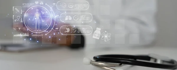 Electronic medical record on tablet technology, digital healthcare and network connection on modern future, Doctor diagnose digital patient record on virtual, health care, futuristic, diagnose