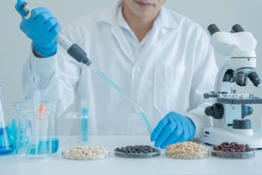 Bilimadamı laboratuvardaki tüm kimyasal tanecikleri kontrol ediyor. Kontrol uzmanları kimyasal kalıntıların konsantrasyonunu inceliyor. Tehlike, standart, yasaklı maddeler, kirlilik, mikrobiyolog