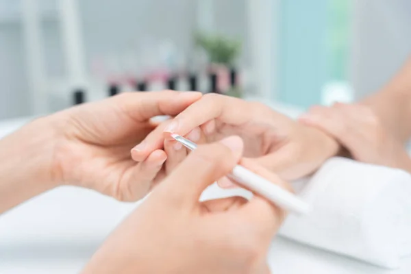 Woman Receive Care Service Professional Beautician Manicure Spa Centre Nail — Stock Photo, Image