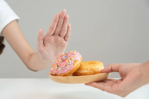 Diet Dieting Beauty Slim Female Body Confuse Donut Woman Exercise — Stock Photo, Image