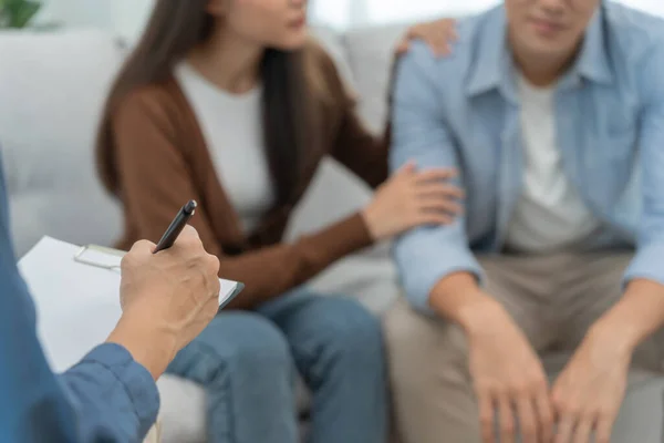 Couple Hold Hand Support Each While Discussing Family Issues Psychiatrist — Stock Photo, Image