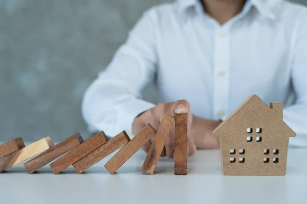 Insurance Hands Protect Domino Businessman Hands Stop Dominoes Falling House — Stock Photo, Image