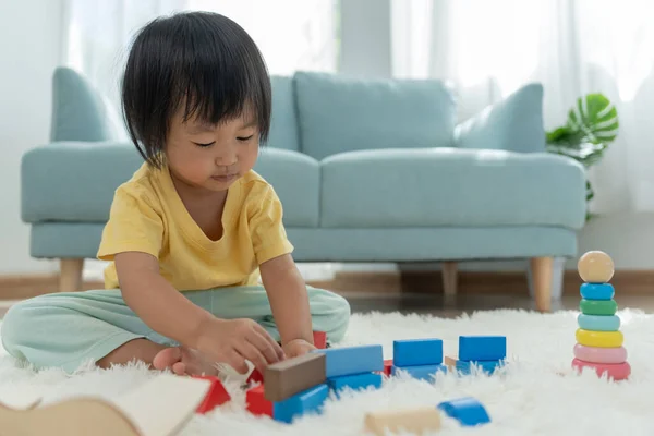 Criança Asiática Feliz Brincando Aprendendo Blocos Brinquedo Crianças Estão Muito — Fotografia de Stock