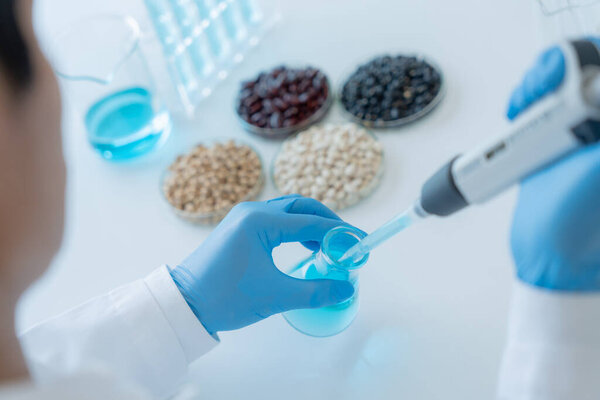 Scientist check chemical whole grains residues in laboratory. Control experts inspect the concentration of chemical residues. hazards, standard, prohibited substances, contaminate, Microbiologis