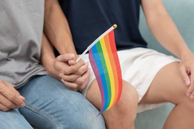 LGBT grubu. Erkek biseksüeller el ele tutuşuyor ve lgbt bayrağını gösteriyor, mutlu, aşık, biseksüellik, homoseksüellik, özgürlük, ifade, mutlu yaşam tarzı, özgürlük, özet