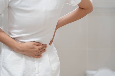 Constipation and diarrhea in bathroom. Hurt woman touch belly  stomach ache painful. colon inflammation problem, toxic food, abdominal pain, abdomen, constipated in toilet, stomachache, Hygiene