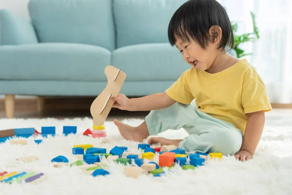 アジアの子供たちが遊んで おもちゃブロックを学んでいます 子供たちは家でとても幸せで興奮しています 子供は遊び 注意欠陥多動性障害を持っています — ストック写真