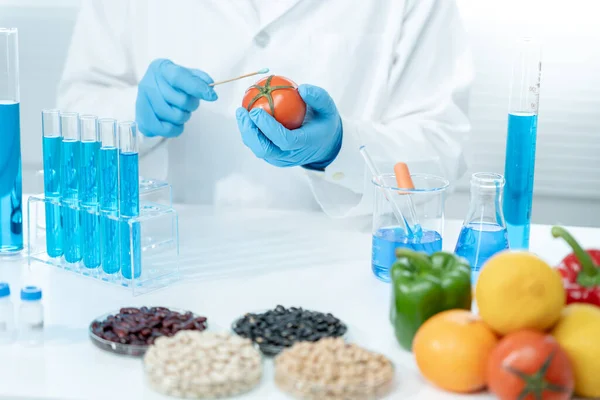 Scientist Check Chemical Food Residues Laboratory Control Experts Inspect Concentration — Stock Photo, Image