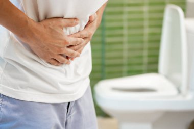 Constipation and diarrhea in bathroom. Hurt man touch belly  stomach ache painful. colon inflammation problem, toxic food, abdominal pain, abdomen, constipated in toilet, stomachache, Hygiene