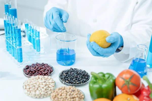 Scientist Check Chemical Food Residues Laboratory Control Experts Inspect Concentration — Stock Photo, Image