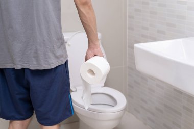 Constipation and diarrhea in bathroom. Hurt man touch belly  stomach ache painful. colon inflammation problem, toxic food, abdominal pain, abdomen, constipated in toilet, stomachache, Hygiene