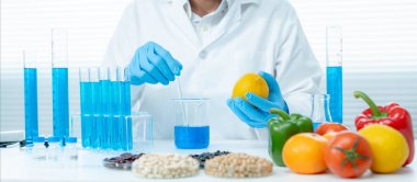 Scientist check chemical food residues in laboratory. Control experts inspect the concentration of chemical residues. hazards, ROHs standard, find prohibited substances, contaminate, Microbiologist