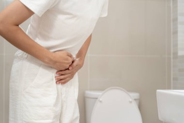 Constipation and diarrhea in bathroom. Hurt woman touch belly  stomach ache painful. colon inflammation problem, toxic food, abdominal pain, abdomen, constipated in toilet, stomachache, Hygiene