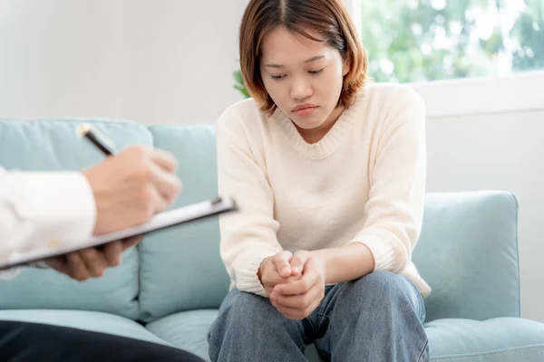 Woman Mental Health Problems Consulting Psychiatrist Recording Patient Condition Treatment Imagen De Stock