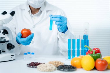 Scientist check chemical food residues in laboratory. Control experts inspect quality of fruits, vegetables. lab, hazards, ROHs, find prohibited substances, contaminate, Microscope, Microbiologist