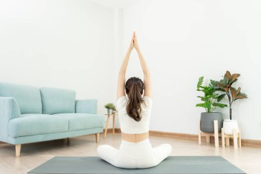 Evde ya da apartmanda yoga yapan zayıf bir kadın. Sabahları egzersiz yapan Asyalı bir kadın. denge, meditasyon, rahatlama, sakinlik, sağlık, mutluluk, rahatlama, sağlıklı yaşam tarzı, diyet, ince