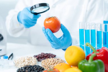 Scientist check chemical food residues in laboratory. Control experts inspect quality of fruits, vegetables. lab, hazards, ROHs, find prohibited substances, contaminate, Microscope, Microbiologist
