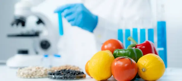 Scientist check chemical food residues in laboratory. Control experts inspect quality of vegetables  vegetables. lab, hazards, find prohibited substances, contaminate, Microscope, Microbiologist