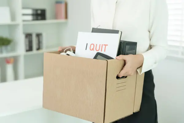 resignation, leave, quit, Stressful businesswomen will resign from the company. Female staff is lifting a brown paper box that holds personal items. , job placement and vacancies, resignation letter