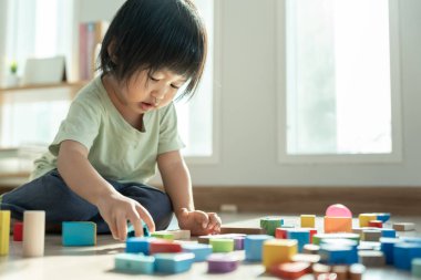 Mutlu Asyalı çocuk oyun oynuyor ve oyuncak bloklarını öğreniyor. Çocuklar evde çok mutlu ve heyecanlı. Çocuk oyun oynarken, etkinliklerde, gelişimde, dikkat eksikliğinde hiperaktivite bozukluğunda harika zaman geçirir.