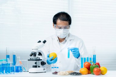 Scientist check chemical food residues in laboratory. Control experts inspect quality of fruits, vegetables. lab, hazards, ROHs, find prohibited substances, contaminate, Microscope, Microbiologist