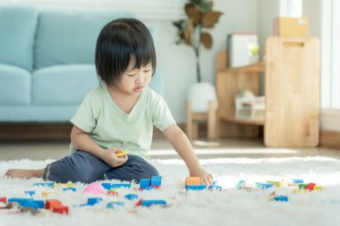 Mutlu Asyalı çocuk oyun oynuyor ve oyuncak bloklarını öğreniyor. Çocuklar evde çok mutlu ve heyecanlı. Çocuk oyun, etkinlik, gelişme ve dikkat eksikliği hiperaktivite bozukluğuyla çok iyi vakit geçiriyor