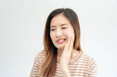 Asian woman feel toothache from gingivitis, female suffer tooth, decay problems, dental care. sensitive tooth, decay problem, bad breath, Gingival Recession, Oral Hygiene instruction, tooth extraction