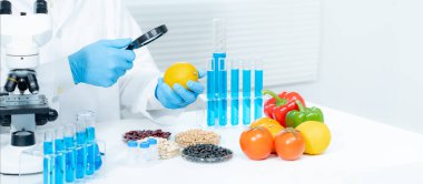 Scientist check chemical food residues in laboratory. Control experts inspect quality of fruits, vegetables. lab, hazards, ROHs, find prohibited substances, contaminate, Microscope, Microbiologist