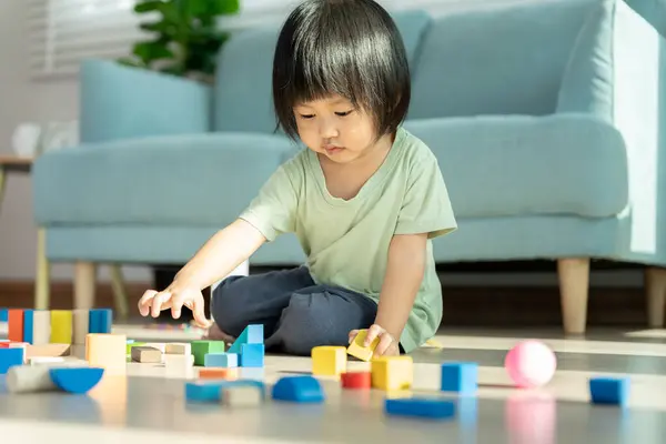 アジアの子供たちが遊んで おもちゃブロックを学んでいます 子供たちは家でとても幸せで興奮しています 子供は遊び 注意欠陥多動性障害を持っています — ストック写真