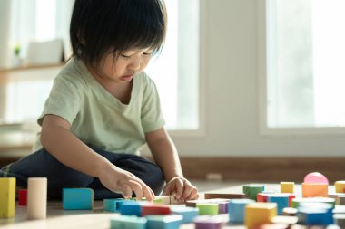 Mutlu Asyalı çocuk oyun oynuyor ve oyuncak bloklarını öğreniyor. Çocuklar evde çok mutlu ve heyecanlı. Çocuk oyun, etkinlik, gelişme ve dikkat eksikliği hiperaktivite bozukluğuyla çok iyi vakit geçiriyor