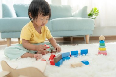 Mutlu Asya çocukları oyuncak bloklarıyla oynayıp öğreniyor. Aile evde mutlu ve heyecanlı. Kızın zaman, etkinlik, gelişme, IQ, EQ, meditasyon, beyin, kaslar, temel beceriler.