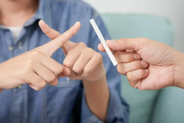 Stock image No smoking. Woman stop smoke, refuse, reject, break take cigarette, say no. quit smoking for health. world tobacco day. drugs, Lung Cancer, emphysema , Pulmonary disease, narcotic, nicotine effe