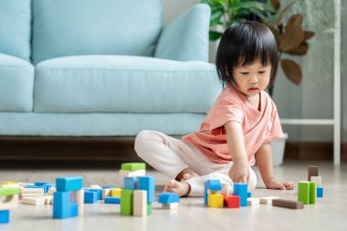 Mutlu Asya çocukları oyuncak bloklarıyla oynayıp öğreniyor. Aile evde mutlu ve heyecanlı. Kızın zaman, etkinlik, gelişme, IQ, EQ, meditasyon, beyin, kaslar, temel beceriler.