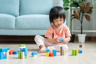 Mutlu Asya çocukları oyuncak bloklarıyla oynayıp öğreniyor. Aile evde mutlu ve heyecanlı. Kızın zaman, etkinlik, gelişme, IQ, EQ, meditasyon, beyin, kaslar, temel beceriler.
