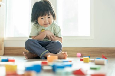 Mutlu Asyalı çocuk oyun oynuyor ve oyuncak bloklarını öğreniyor. Çocuklar evde çok mutlu ve heyecanlı. Çocuk oyun, etkinlik, gelişme ve dikkat eksikliği hiperaktivite bozukluğuyla çok iyi vakit geçiriyor