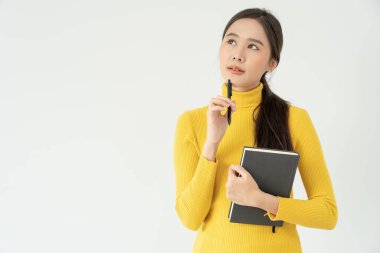 Portrait beautiful Asian woman student. Smile girl happy study. read book in college campus. young female on international Asia University. Education, study, school, learning, exam, continue education