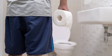 Constipation and diarrhea in bathroom. Hurt man touch belly  stomach ache painful. colon inflammation problem, toxic food, abdominal pain, abdomen, constipated in toilet, stomachache, Hygiene